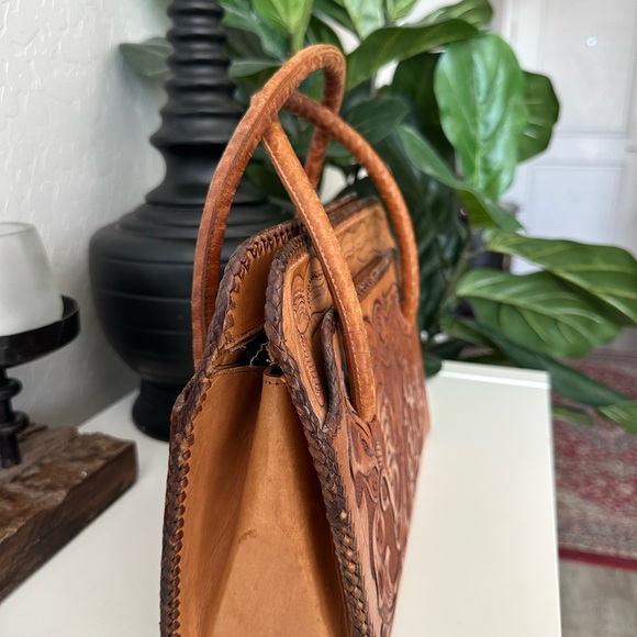 Vintage Leather Tooled Floral Embossed Satchel